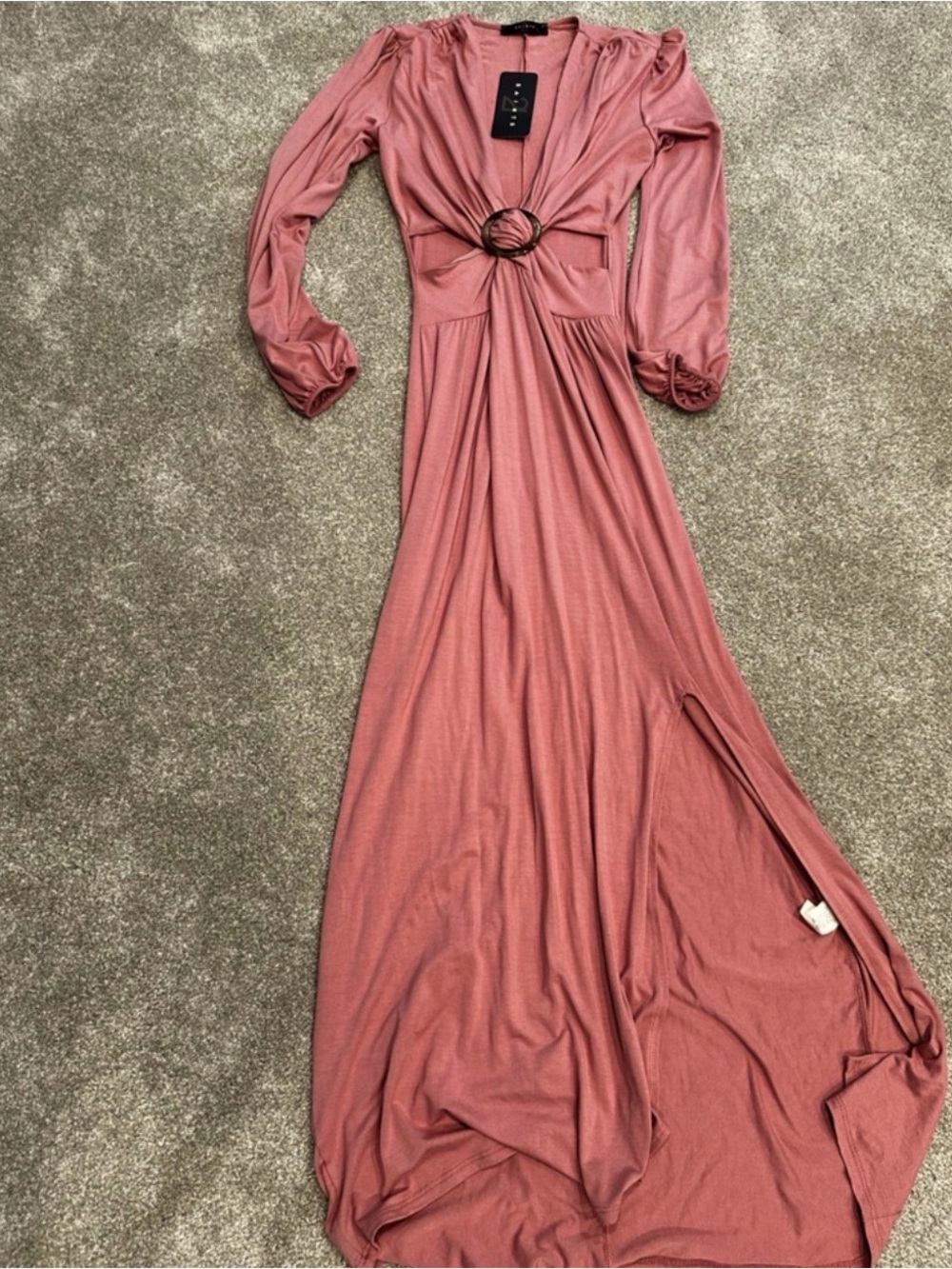 Long Sleeve Pink Ring-Front Maxi Dress